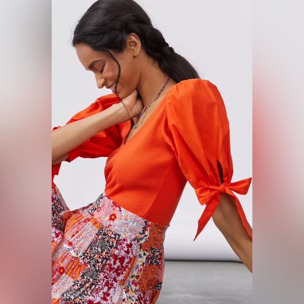 Anthropologie Maeve Bright Orange Puff Sleeve Blouse. Size Large